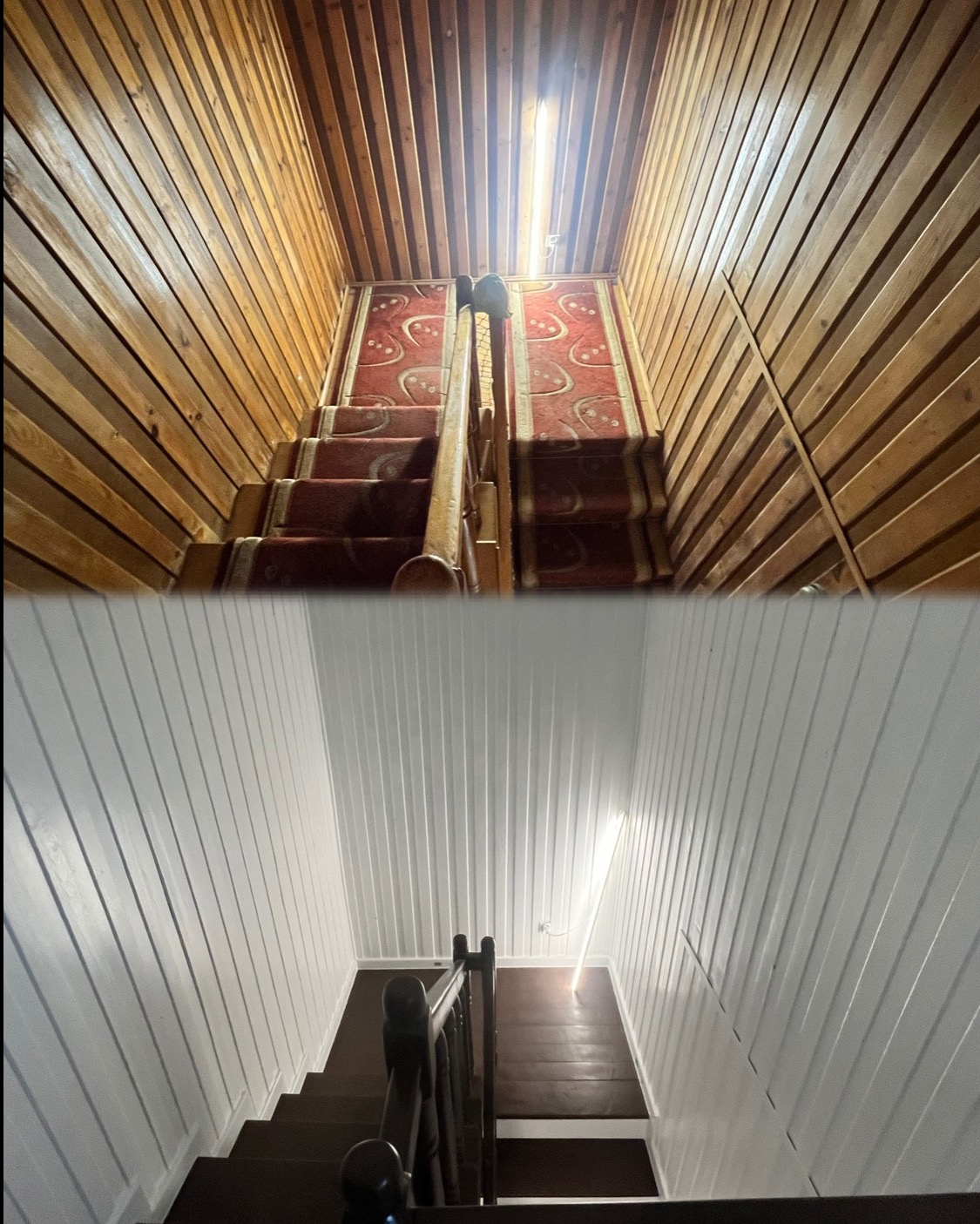 Zdjęcie schodów przed i po renowacji: od boazerii i czerwonego dywanu do białych ścian i ciemnych schodów. Widok z góry, ukazujący metamorfozę wnętrza.