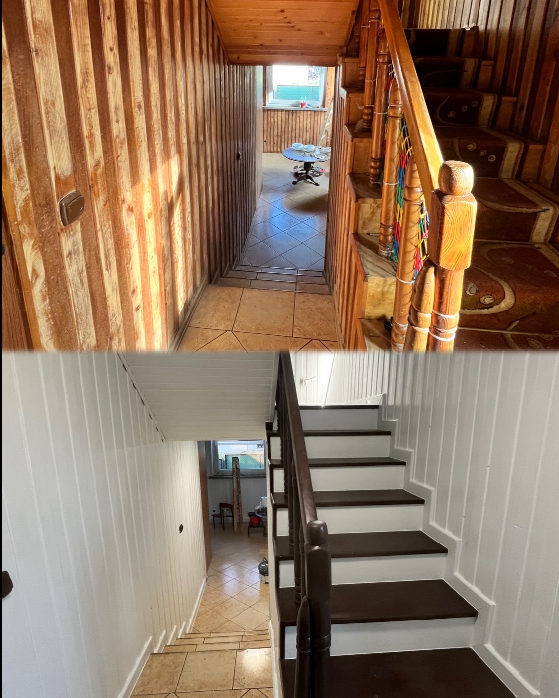 Schody i korytarz przed i po renowacji. Drewniane panele ścienne i schody odnowione, pomalowane na biało i brązowo. Widok na korytarz z płytkami.