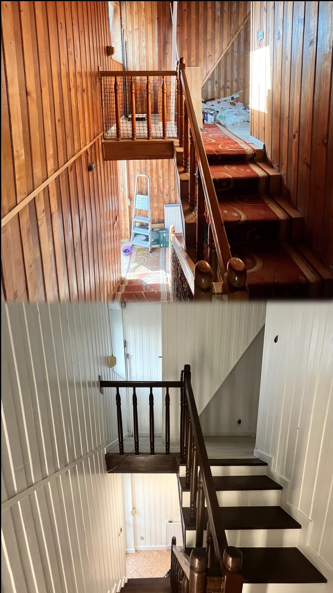 Schody drewniane przed i po renowacji: od boazerii i dywanu do białych ścian i ciemnych stopni. Widoczna drabina i grzejnik. Ujęcie z góry.