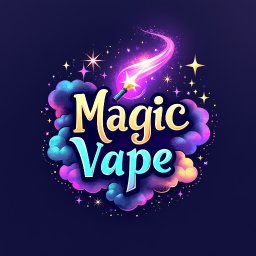 Tomasz Krężelok - Grafika Z Pomysłem - Ilustracja logo 'Magic Vape' z motywem magicznej różdżki i chmur w odcieniach fioletu i niebieskiego, otoczone gwiazdami na ciemnym tle.
