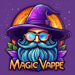 Tomasz Krężelok - Grafika Z Pomysłem - Ilustracja czarodzieja z brodą w okularach, w kapeluszu, z napisem 'Magic Vappe'. Grafika w stylu cartoon, na fioletowym tle z gwiazdami.