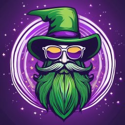 Tomasz Krężelok - Grafika Z Pomysłem - Ilustracja czarodzieja z zieloną brodą i kapeluszem, w okularach przeciwsłonecznych na fioletowym tle z gwiazdami, stylizowane graficznie.