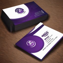 Tomasz Krężelok - Grafika Z Pomysłem - Stos wizytówek z purpurowym motywem i logo na drewnianym tle. Jedna wizytówka leży obok. Wizytówki dla 'Magic Vape' z abstrakcyjnym logo.