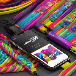 Tomasz Krężelok - Grafika Z Pomysłem - Projekt graficzny strony mobilnej 'Magic' z kolorowym logo na smartfonie, otoczony abstrakcyjnymi, wielobarwnymi kablami na ciemnym tle. Nowoczesny design.