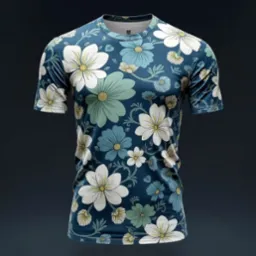 Koszulka z nadrukiem kwiatowym w odcieniach błękitu i bieli na ciemnym tle. Realistyczna prezentacja produktu z dbałością o detale wzoru.