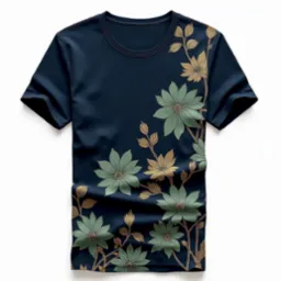 Granatowa koszulka z kwiatowym motywem w odcieniach zieleni i złota, leżąca na białym tle. Precyzyjny nadruk, widoczne detale kwiatów i liści, gładka powierzchnia materiału.