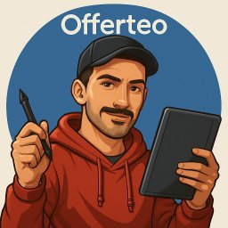 Tomasz Krężelok - Grafika Z Pomysłem - Ilustracja: Mężczyzna w bluzie z kapturem, czapce i wąsami, trzymający tablet graficzny i rysik, logo Oferteo w tle. Stylizowany portret grafika.