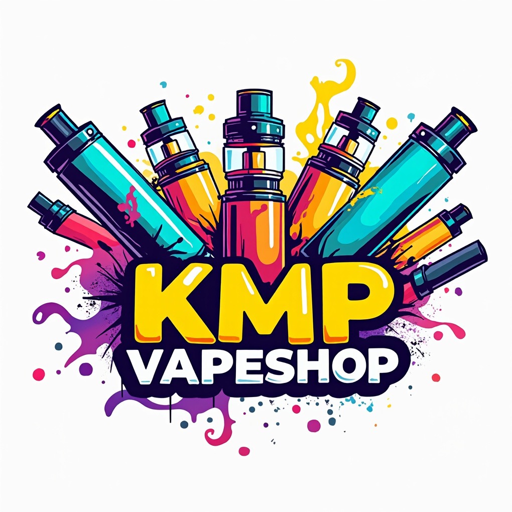 Kolorowa, graficzna ilustracja logo 'KMP VAPESHOP' z motywem e-papierosów i plam farby, utrzymana w stylu pop-art na białym tle. Żywe barwy i dynamiczny design.