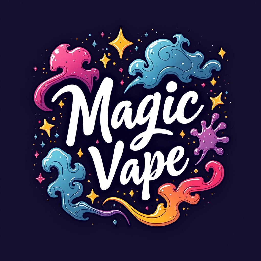 Ilustracja wektorowa z napisem 'Magic Vape' otoczonym kolorowymi chmurami i gwiazdami na ciemnym tle. Stylizowane, kreskówkowe elementy graficzne.