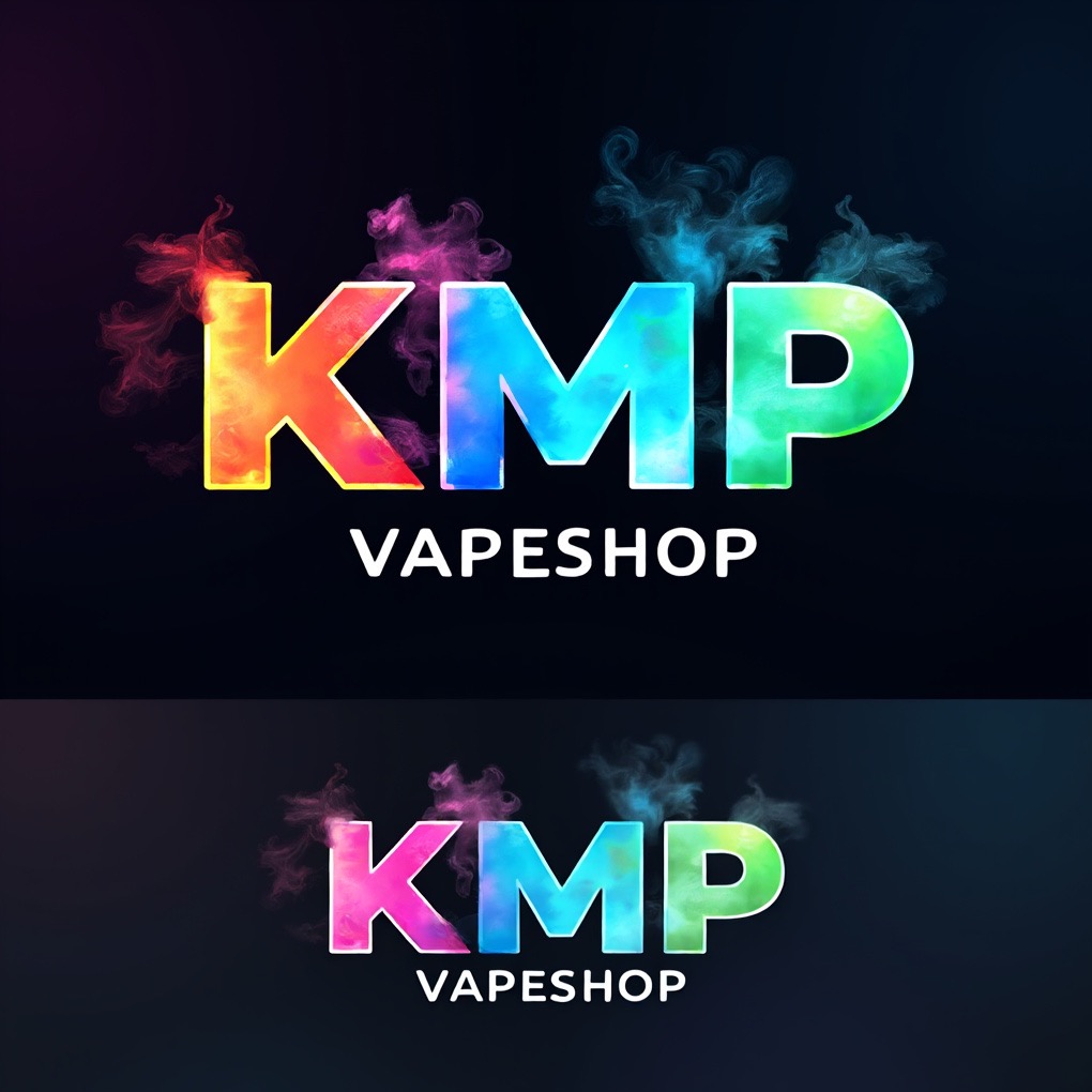 Kolorowe logo 'KMP VAPESHOP' na ciemnym tle z efektem dymu. Dwa identyczne logotypy umieszczone jeden nad drugim. Dynamiczny design, gradientowe barwy liter.