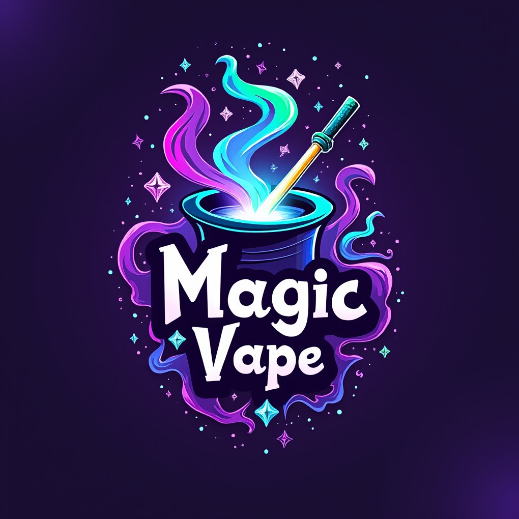 Ilustracja logo 'Magic Vape': czarny cylinder, różowo-zielony dym, biały napis, gwiazdy, fioletowe tło. Stylizowane, neonowe kolory, magiczny klimat.