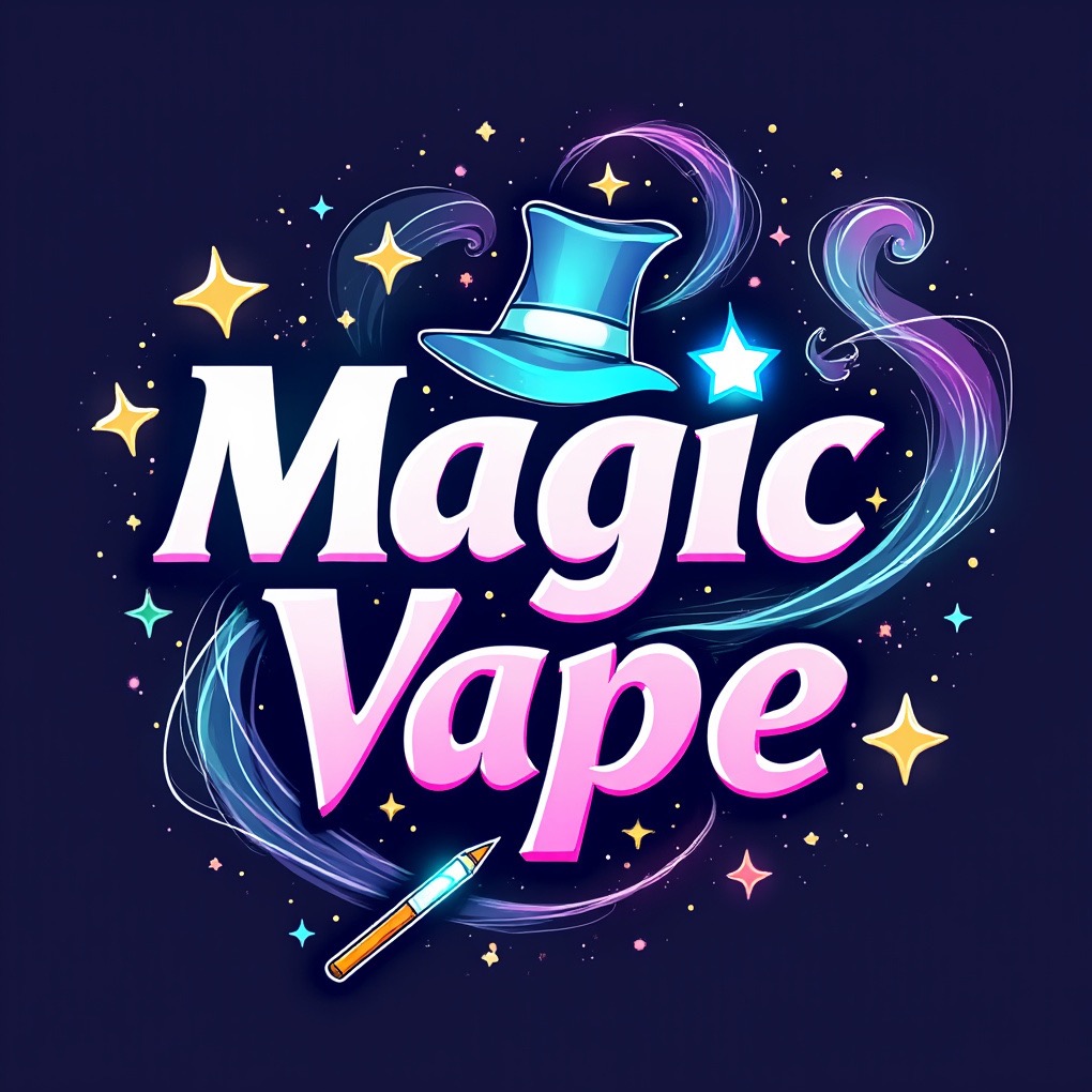 Ilustracja 'Magic Vape' z kapeluszem, gwiazdami i e-papierosem na ciemnym tle. Napis biało-różowy z neonowymi elementami graficznymi.