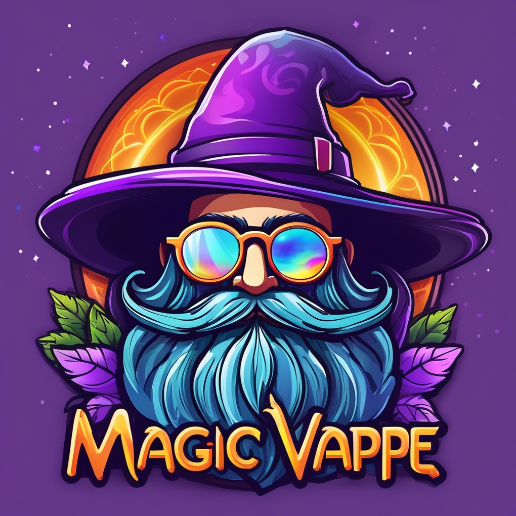 Ilustracja czarodzieja z brodą w okularach, w kapeluszu, z napisem 'Magic Vappe'. Grafika w stylu cartoon, na fioletowym tle z gwiazdami.