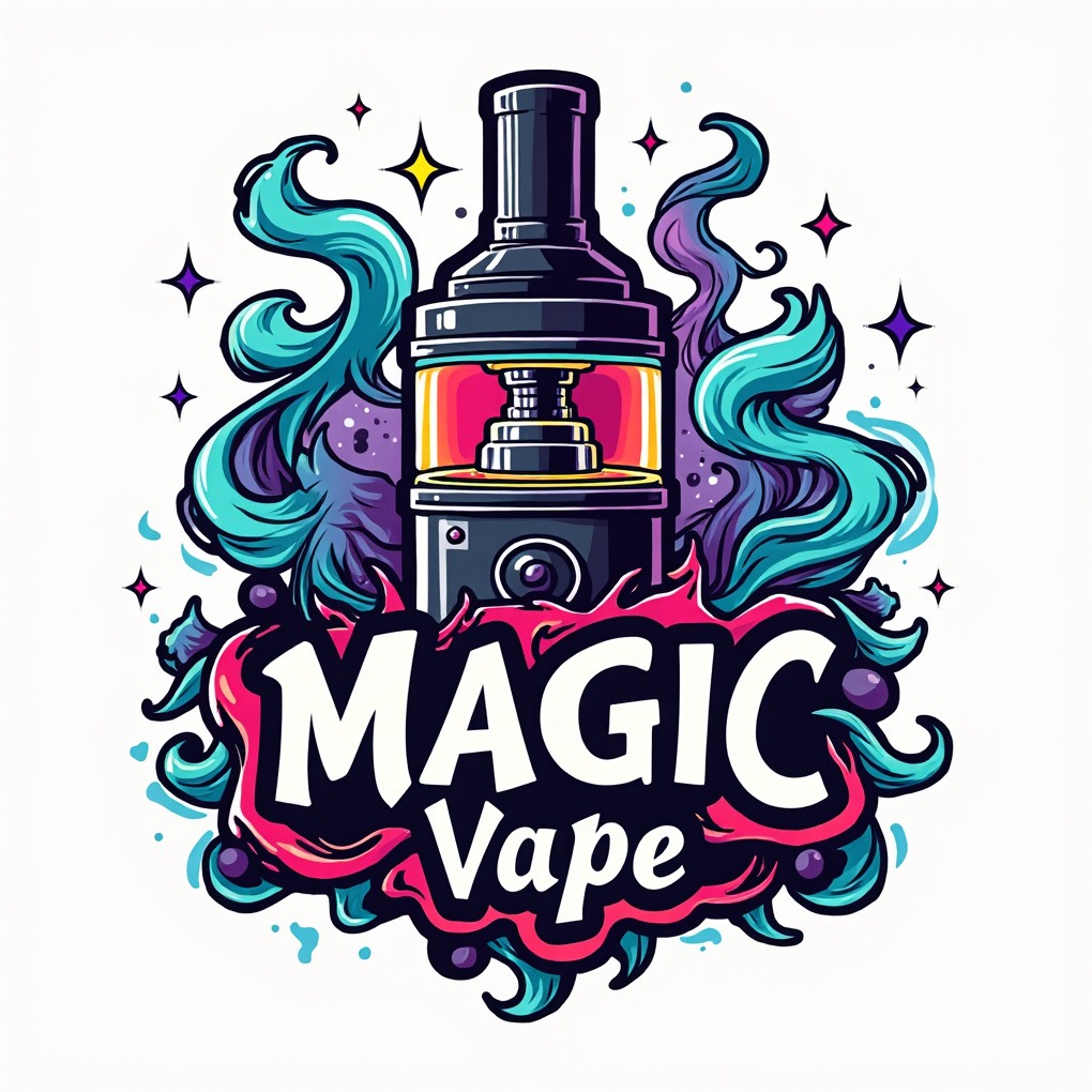Ilustracja logo 'Magic Vape' z motywem e-papierosa, ozdobiona kolorowymi falami i gwiazdami na białym tle. Grafika w stylu cartoon.