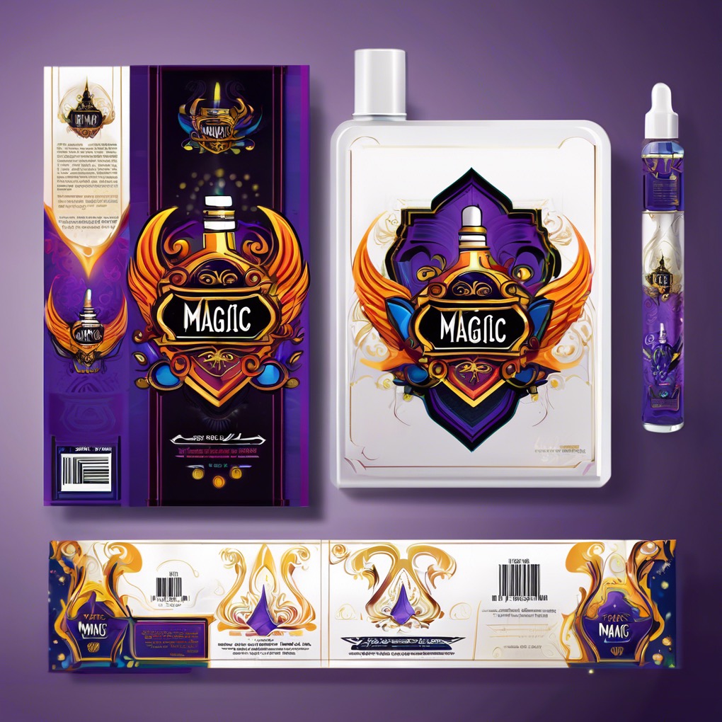 Ilustracja koncepcji opakowania produktu 'Magic' w odcieniach fioletu i złota, prezentująca etykietę, butelkę i zakraplacz, na fioletowym tle.
