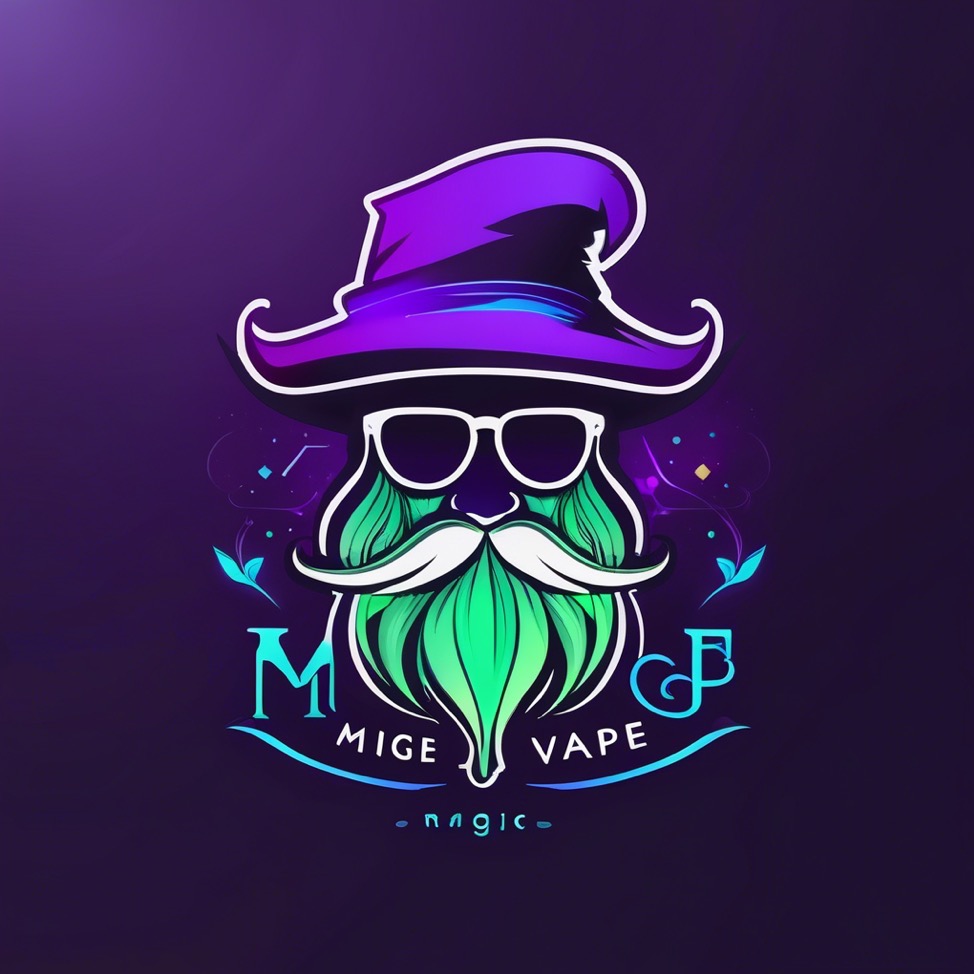 Ilustracja logo: czarodziej z brodą w okularach i kapeluszu, w stylu neonowym, z napisem 'Mige Vape - magic'. Fioletowo-zielona kolorystyka na ciemnym tle.