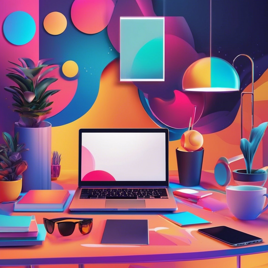 Nowoczesne biurko z laptopem, lampką i roślinami na tle abstrakcyjnych, kolorowych kształtów. Minimalistyczny design i pastelowa kolorystyka.