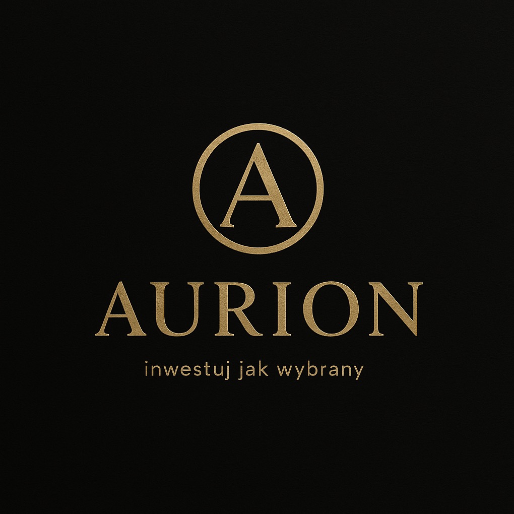 Eleganckie logo firmy Aurion z literą A w okręgu, złoty kolor na czarnym tle. Subtelny napis: 'inwestuj jak wybrany'.