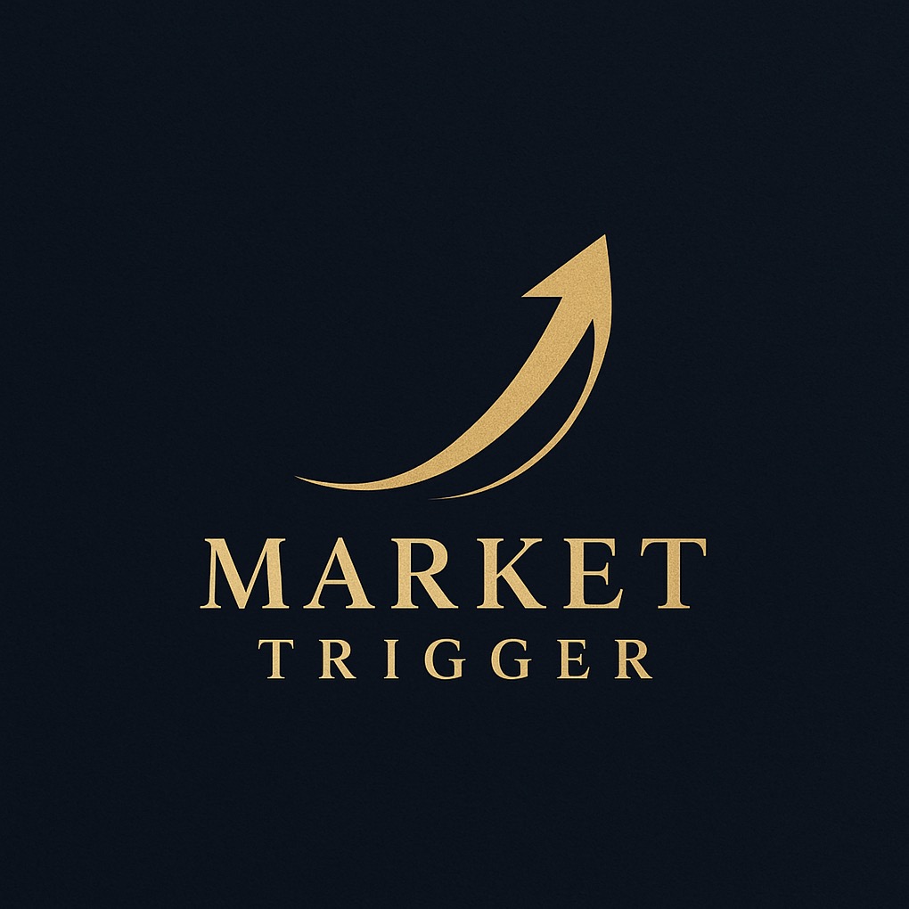 Złote logo 'Market Trigger' na granatowym tle. Strzałka skierowana w górę symbolizuje wzrost. Elegancki font, minimalistyczny design.
