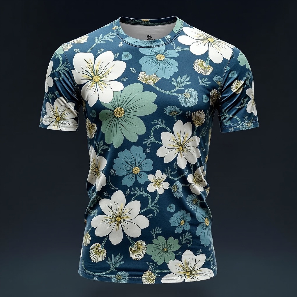 Koszulka z nadrukiem kwiatowym w odcieniach błękitu i bieli na ciemnym tle. Realistyczna prezentacja produktu z dbałością o detale wzoru.
