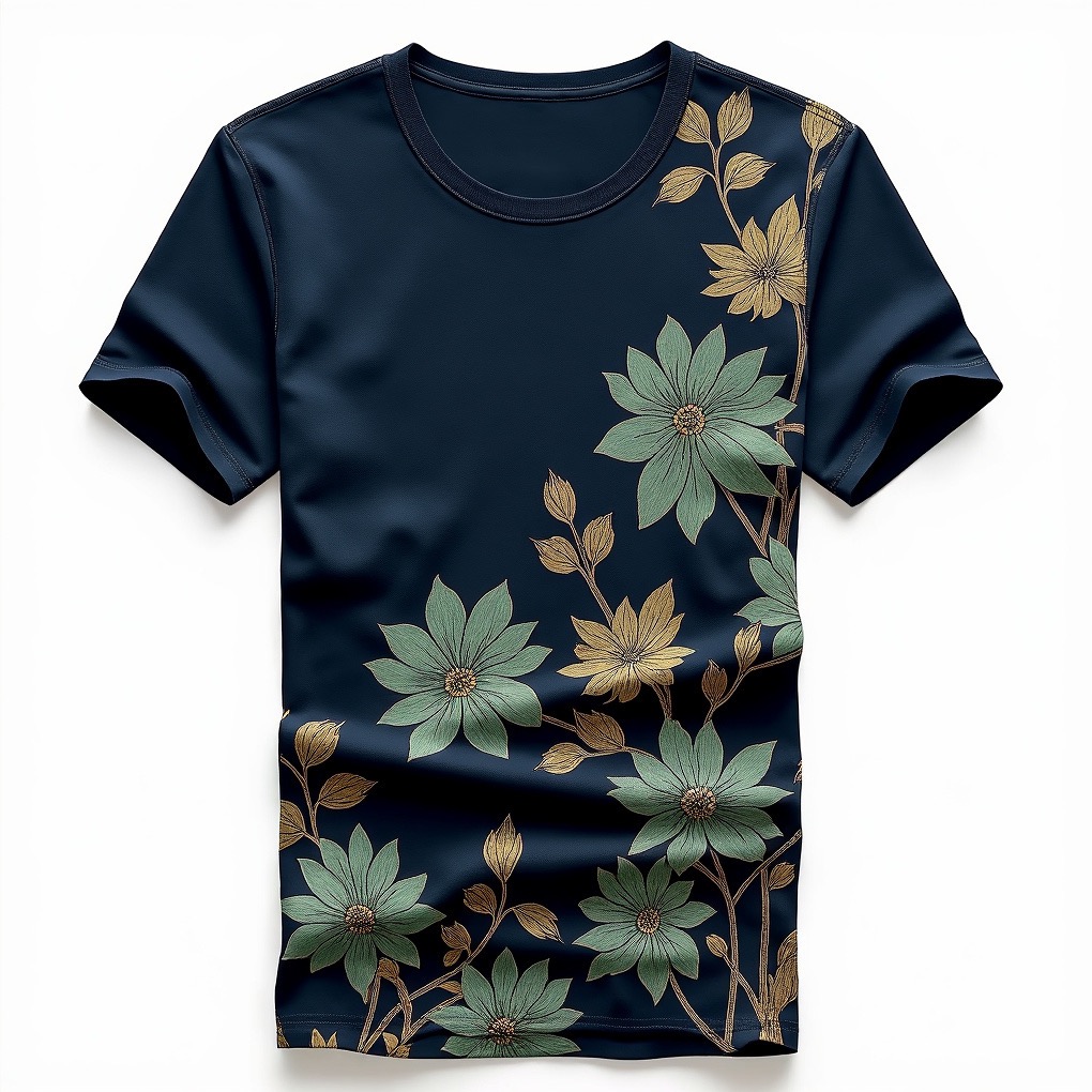 Granatowa koszulka z kwiatowym motywem w odcieniach zieleni i złota, leżąca na białym tle. Precyzyjny nadruk, widoczne detale kwiatów i liści, gładka powierzchnia materiału.