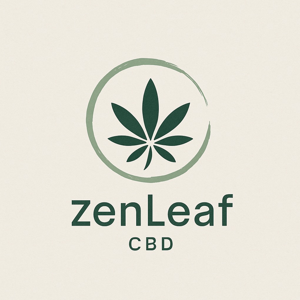 Minimalistyczne logo ZenLeaf CBD: zielony liść konopi w okręgu przypominającym pociągnięcie pędzlem, nazwa firmy poniżej w kolorze zielonym, a pod nią napis CBD.