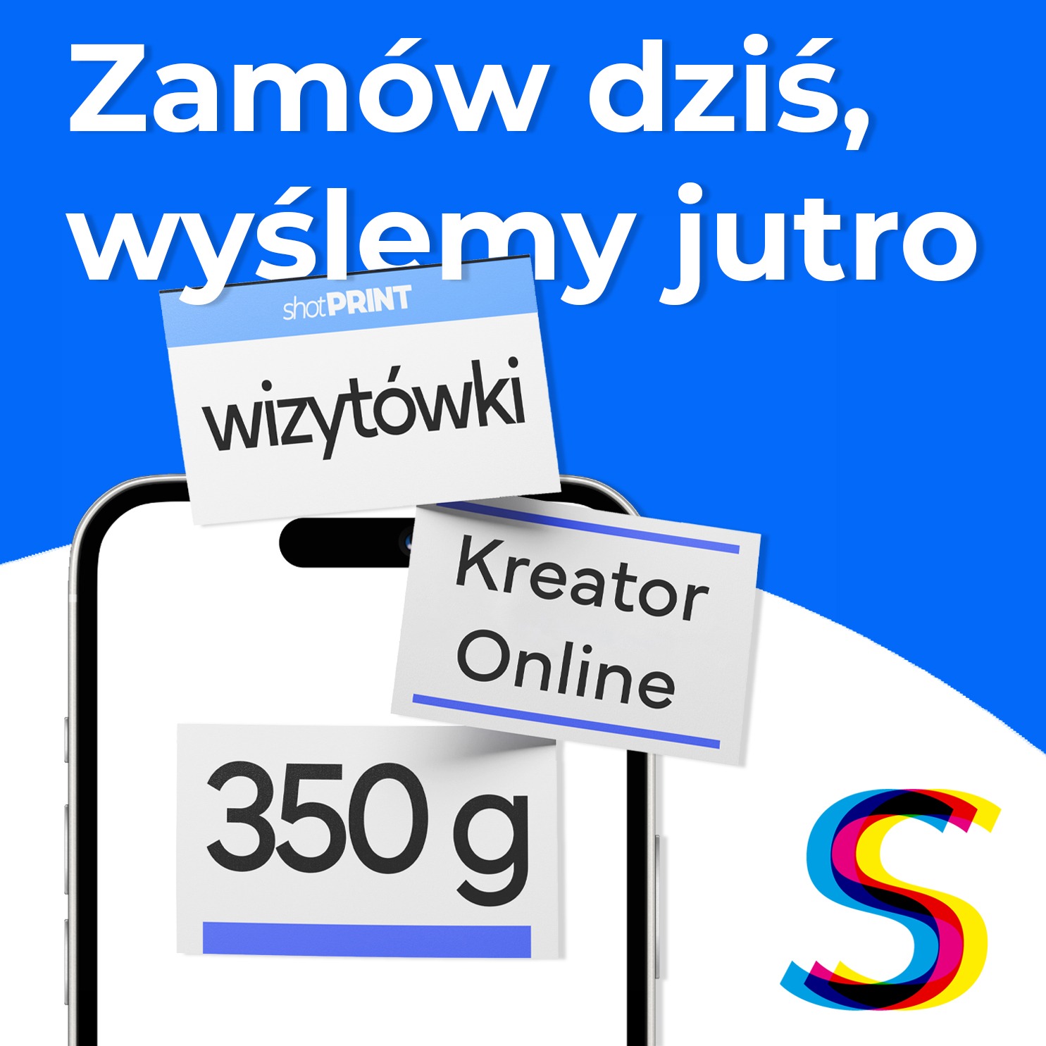 Grafika z hasłem „Zamów dziś, wyślemy jutro”, wizytówkami, napisem „Kreator Online” i gramaturą 350g, na tle smartfona i logotypu firmy.