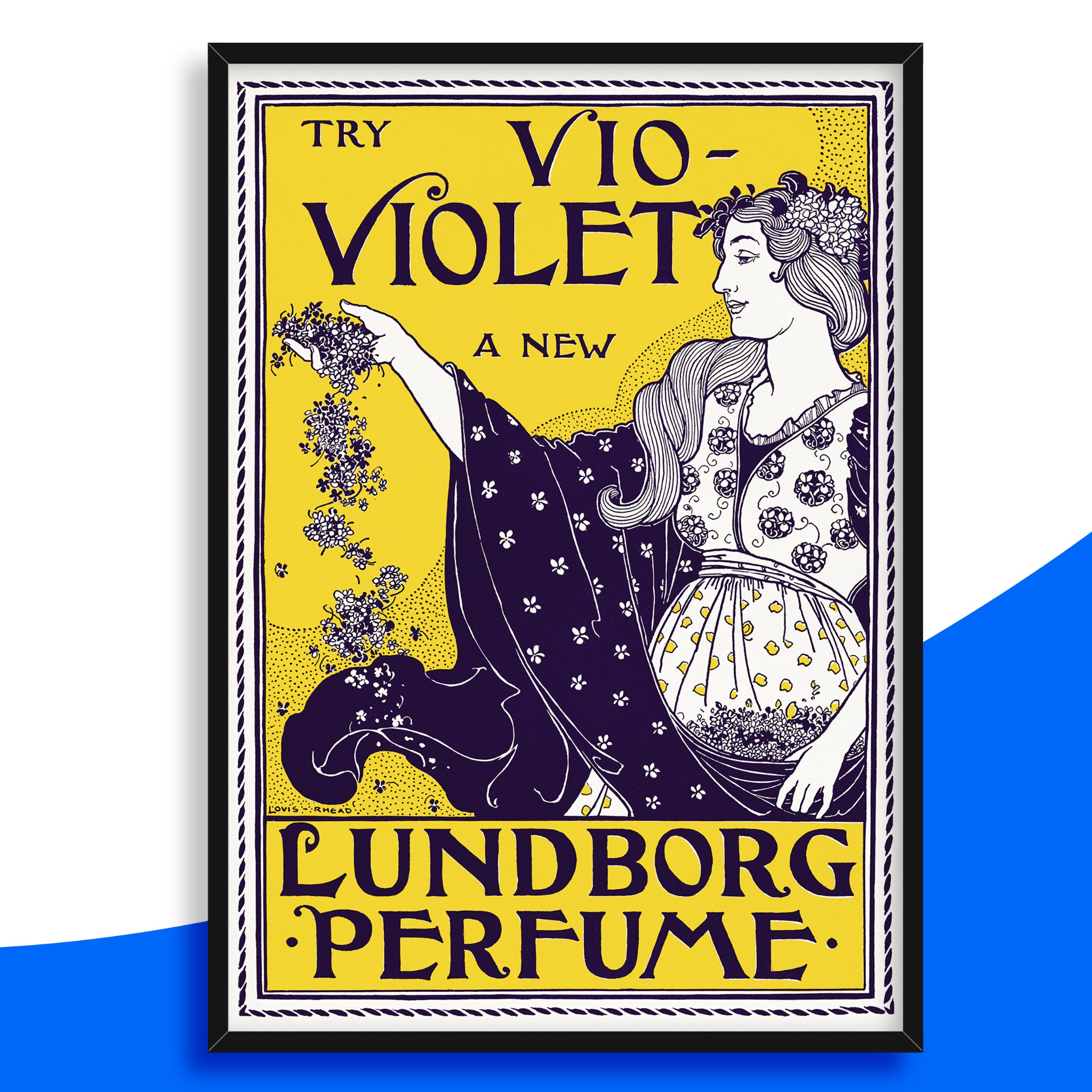 Oprawiony plakat w stylu Art Nouveau z kobietą oferującą kwiaty fiołka, na żółtym tle z napisem 'Lundborg Perfume'.
