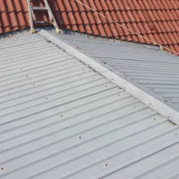 Szary dach z blachy trapezowej, widoczne mocowania, fragment dachu pokrytego czerwoną dachówką w tle, drabina oparta o dach. Ujęcie z góry.