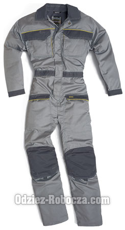 Szary kombinezon roboczy z ciemnoszarymi wstawkami na kolanach i ramionach, widoczne kieszenie i żółte detale wykończeniowe.