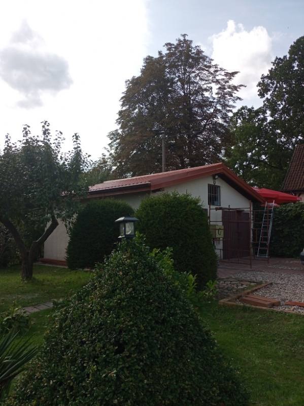 Biały budynek z nowym, brązowym dachem, widoczny zza zieleni ogrodu. Drabina oparta o ścianę, sugerująca prace wykończeniowe. Ujęcie z poziomu gruntu.