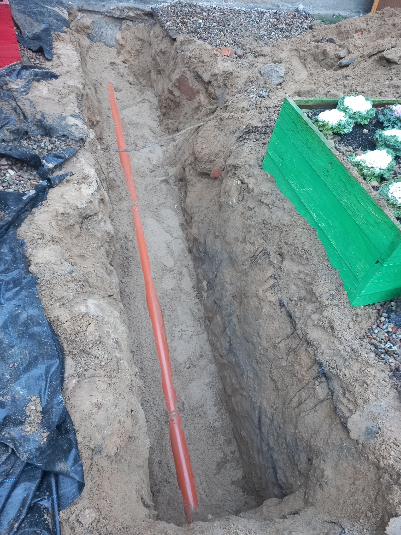 Wykop z ułożoną, pomarańczową rurą instalacyjną. Widoczny fragment czarnej folii i zielona obudowa rabaty kwiatowej. Ziemia piaszczysta.