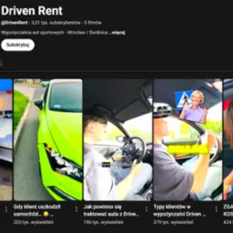 Miniatury filmów z kanału Driven Rent: pracownik przy aucie, uszkodzony zielony samochód, jazda autem, kobieta z znakiem drogowym, mężczyzna z napisem 'OKURDEEE'.