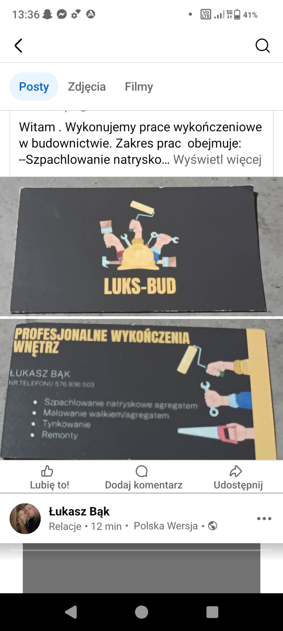 Wizytówka firmy Luks-Bud z ofertą: szpachlowanie natryskowe, malowanie agregatem, tynkowanie i remonty. Grafika z narzędziami malarskimi i numer telefonu.