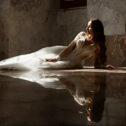 Elegancka kobieta w koronkowej sukni leży na marmurowej posadzce w promieniach słońca, jej odbicie widoczne w polerowanej powierzchni. W tle marmurowe ściany.