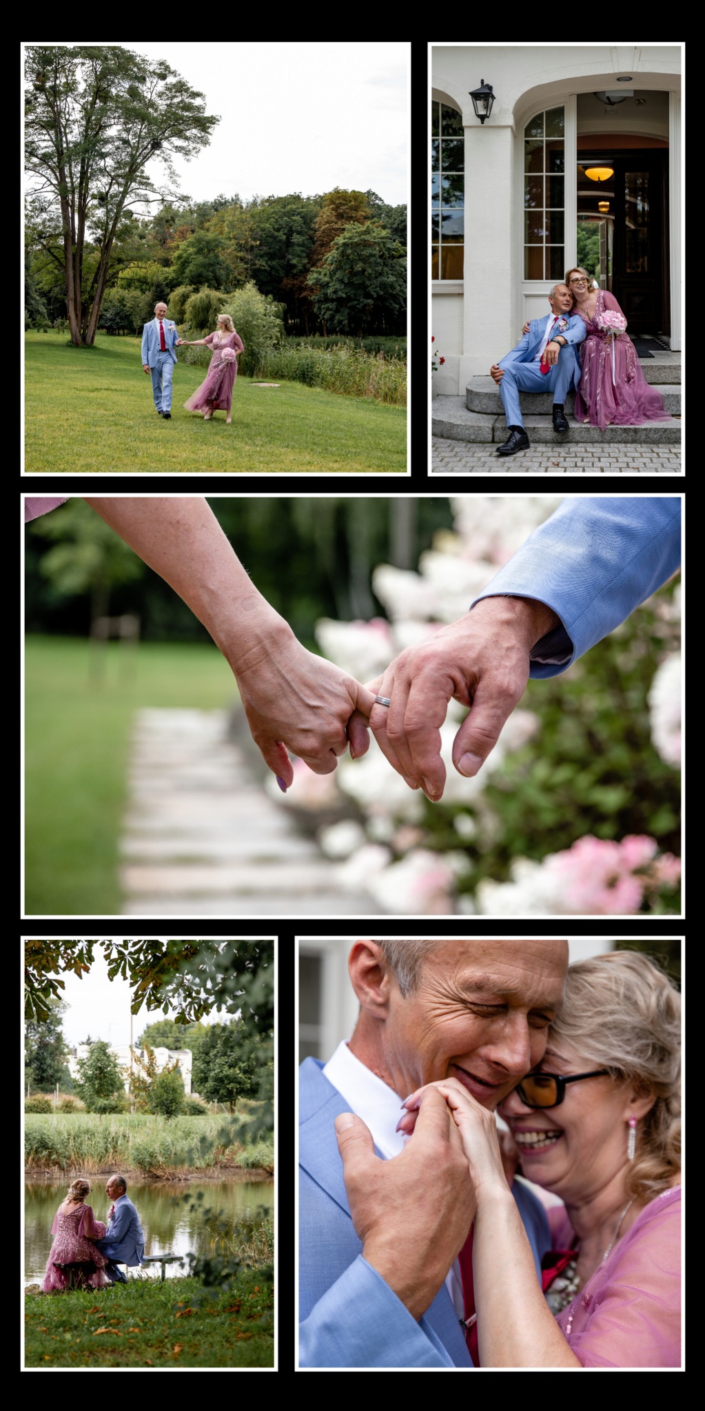 Kolaż z sesji ślubnej: para w średnim wieku w pastelowych strojach spaceruje po parku, siedzi na schodach i trzyma się za ręce na tle kwiatów.