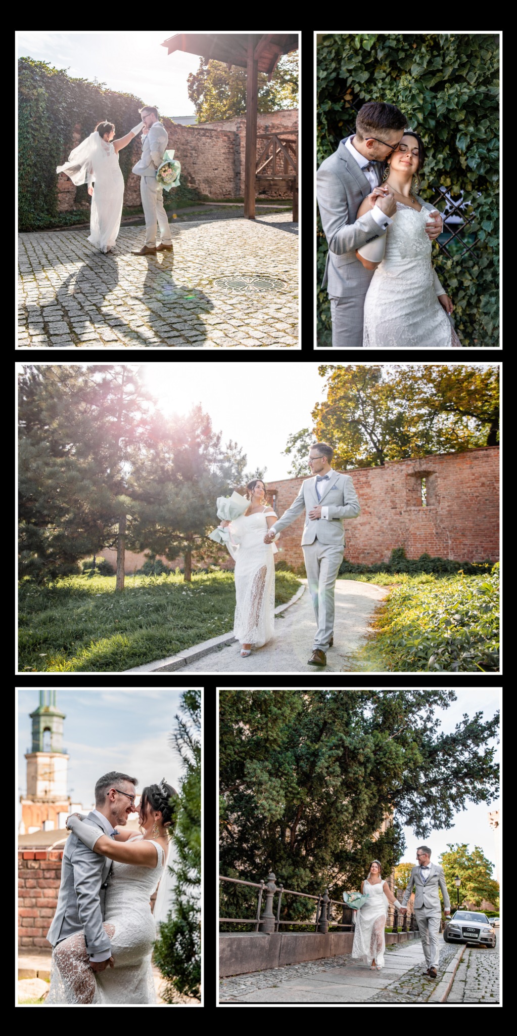 Kolaż ślubny: para młoda w plenerze, ona w koronkowej sukni, on w szarym garniturze. Różne ujęcia: spacer, czułe objęcia, na tle zieleni i ceglanych murów.