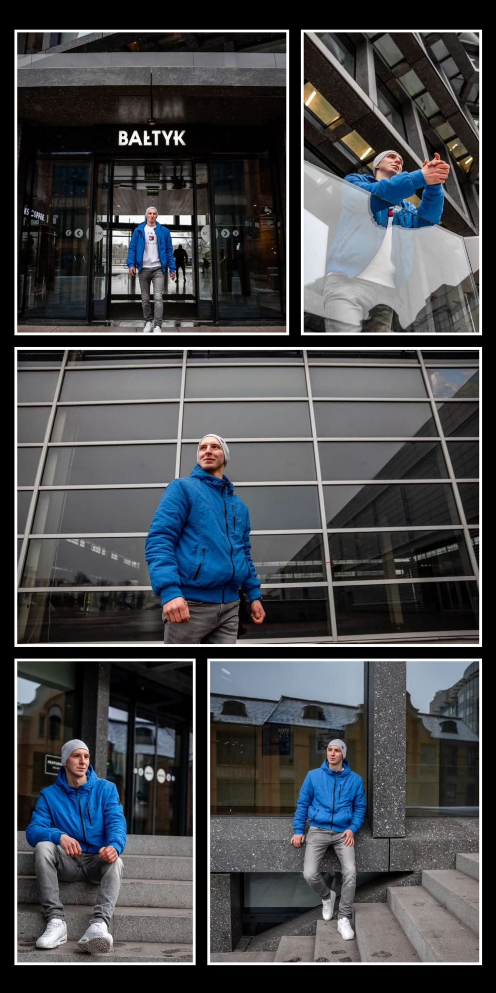 Mężczyzna w niebieskiej kurtce pozuje na tle nowoczesnego budynku Bałtyk w kolażu kilku ujęć, prezentując różne perspektywy i kadry z sesji.