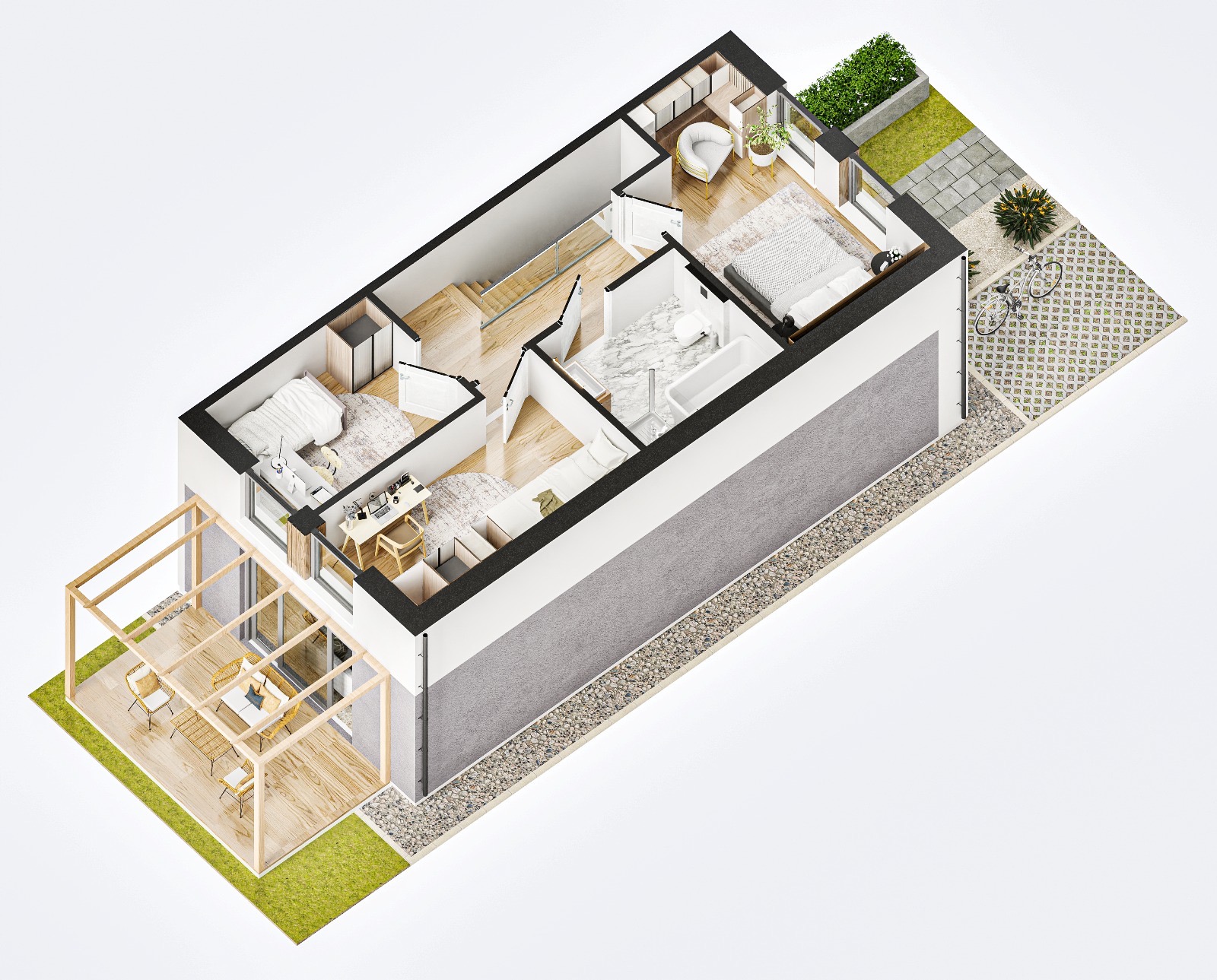 Przekrój 3D domu z tarasem, ukazujący aranżację wnętrz: sypialnie, łazienkę z marmurem, salon i gabinet. Widoczny ogród z rowerem i meble ogrodowe.