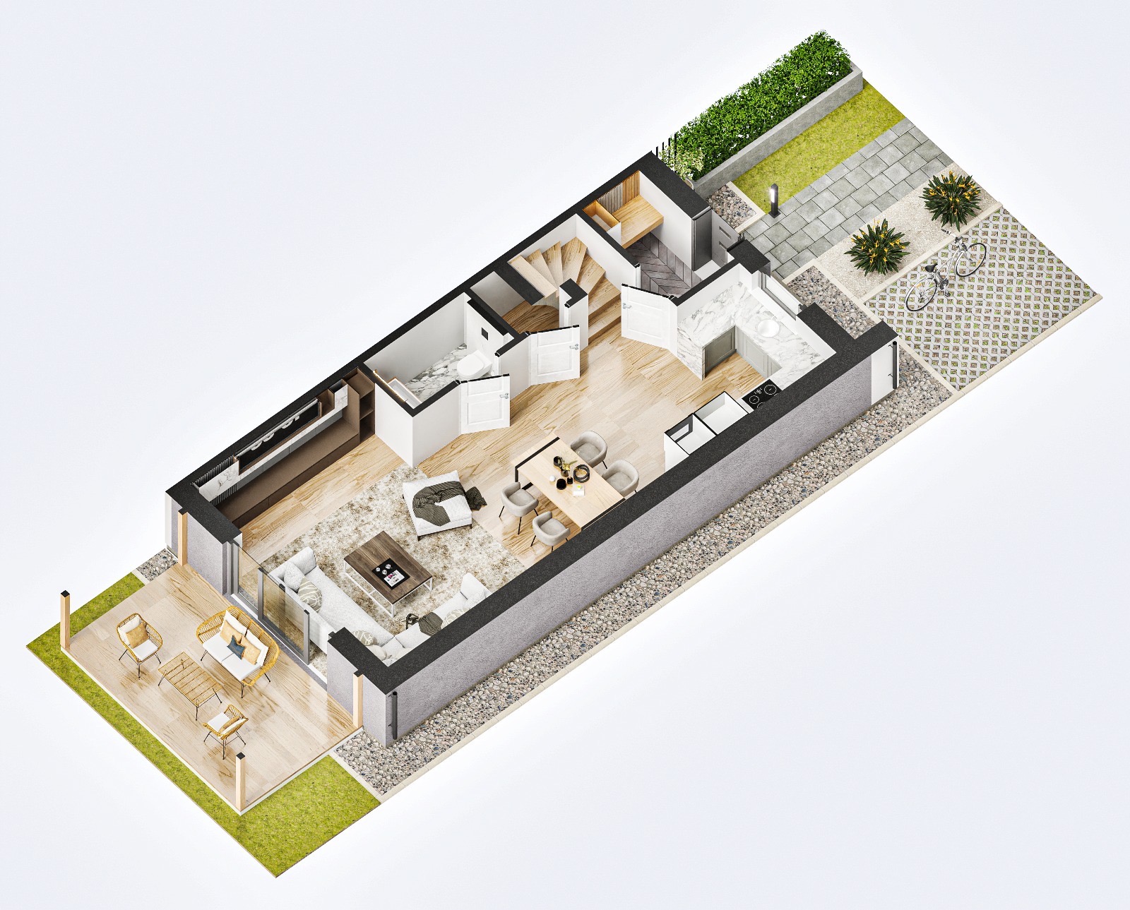 Detaliczny plan 3D mieszkania z tarasem, ogrodem i rowerem, ukazujący układ pomieszczeń i umeblowanie w jasnej, nowoczesnej aranżacji.
