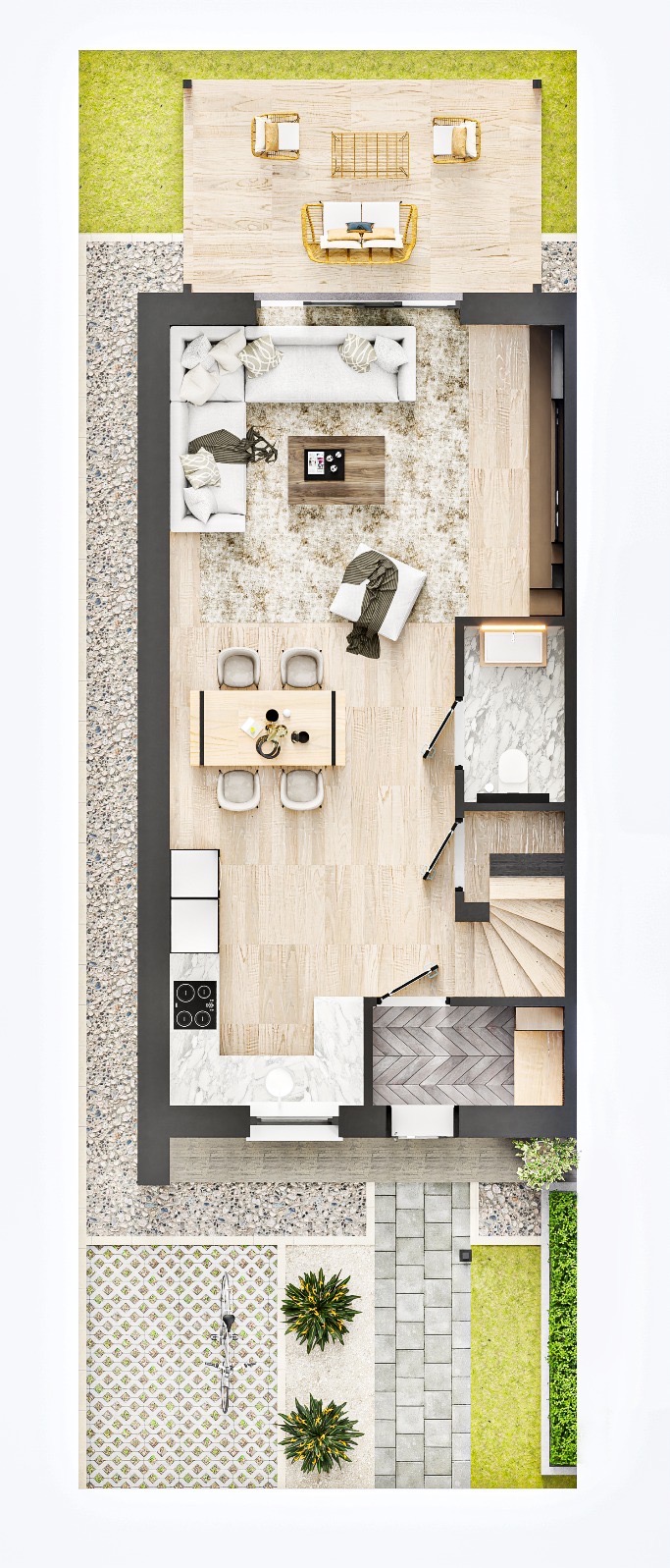 Plan domu z góry: salon z sofą, jadalnia z stołem, kuchnia, łazienka, schody, taras z meblami, ogród z prysznicem. Realistyczny render architektoniczny.
