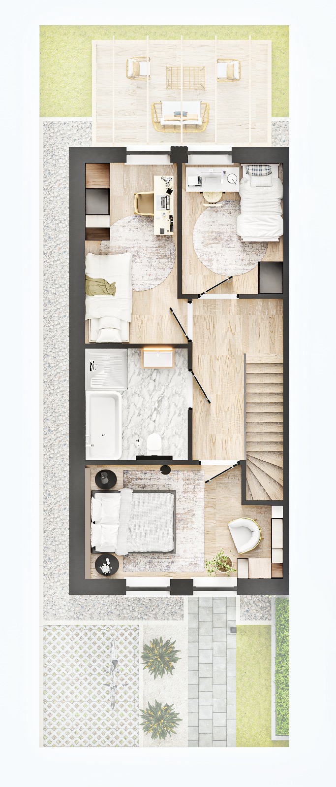 Plan mieszkania z góry, ukazujący układ pomieszczeń, w tym sypialnie, łazienkę, biuro i schody, z widokiem na taras i ogród. Realistyczna wizualizacja.