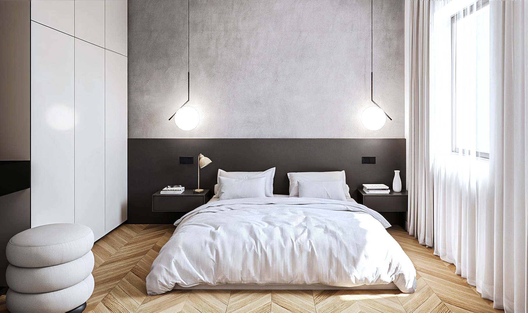 Nowoczesna sypialnia z parkietem w jodełkę, białą pościelą i minimalistycznymi lampami wiszącymi. Stonowana kolorystyka i naturalne światło.