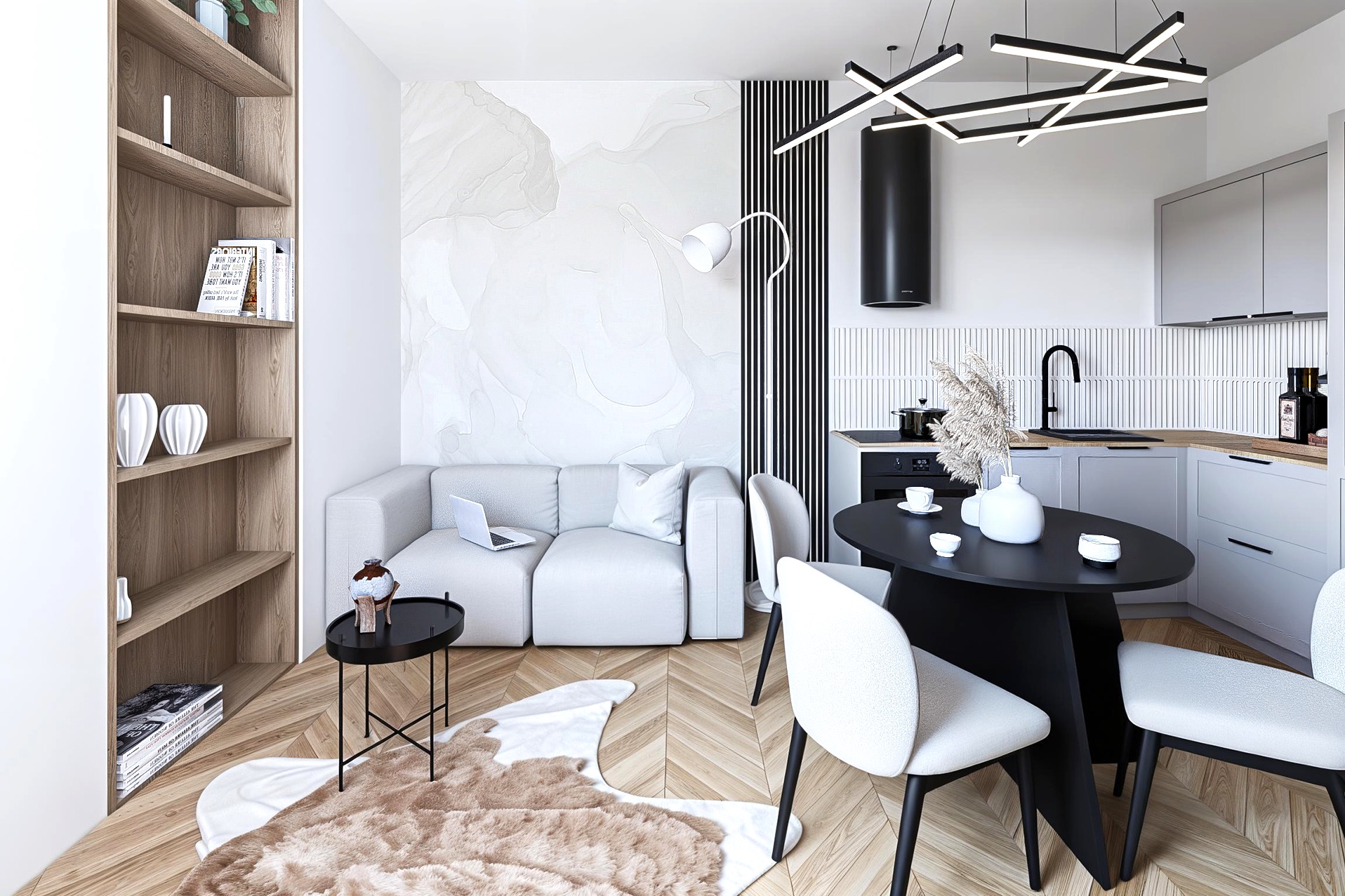 Wnętrze mieszkania we Wrocławiu: jasny salon z sofą, stolikiem i dywanem w stylu skandynawskim, połączony z kuchnią w odcieniach szarości i czerni.