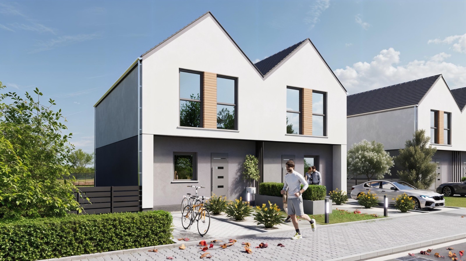 Wizualizacja bliźniaka z jasną elewacją, ciemnoszarą podstawą i drewnianymi akcentami okien. Osoba biegnie chodnikiem, a w tle stoi para przy samochodzie.