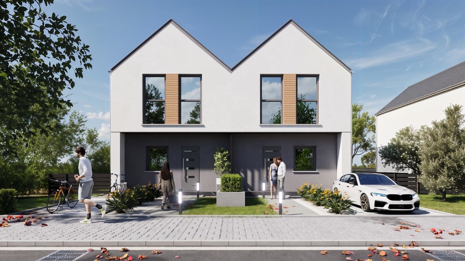 Wizualizacja bliźniaka z szarą elewacją, drewnianymi akcentami okiennymi i zadbanym otoczeniem. Na podjeździe stoi białe auto, a w tle widać spacerujących ludzi.