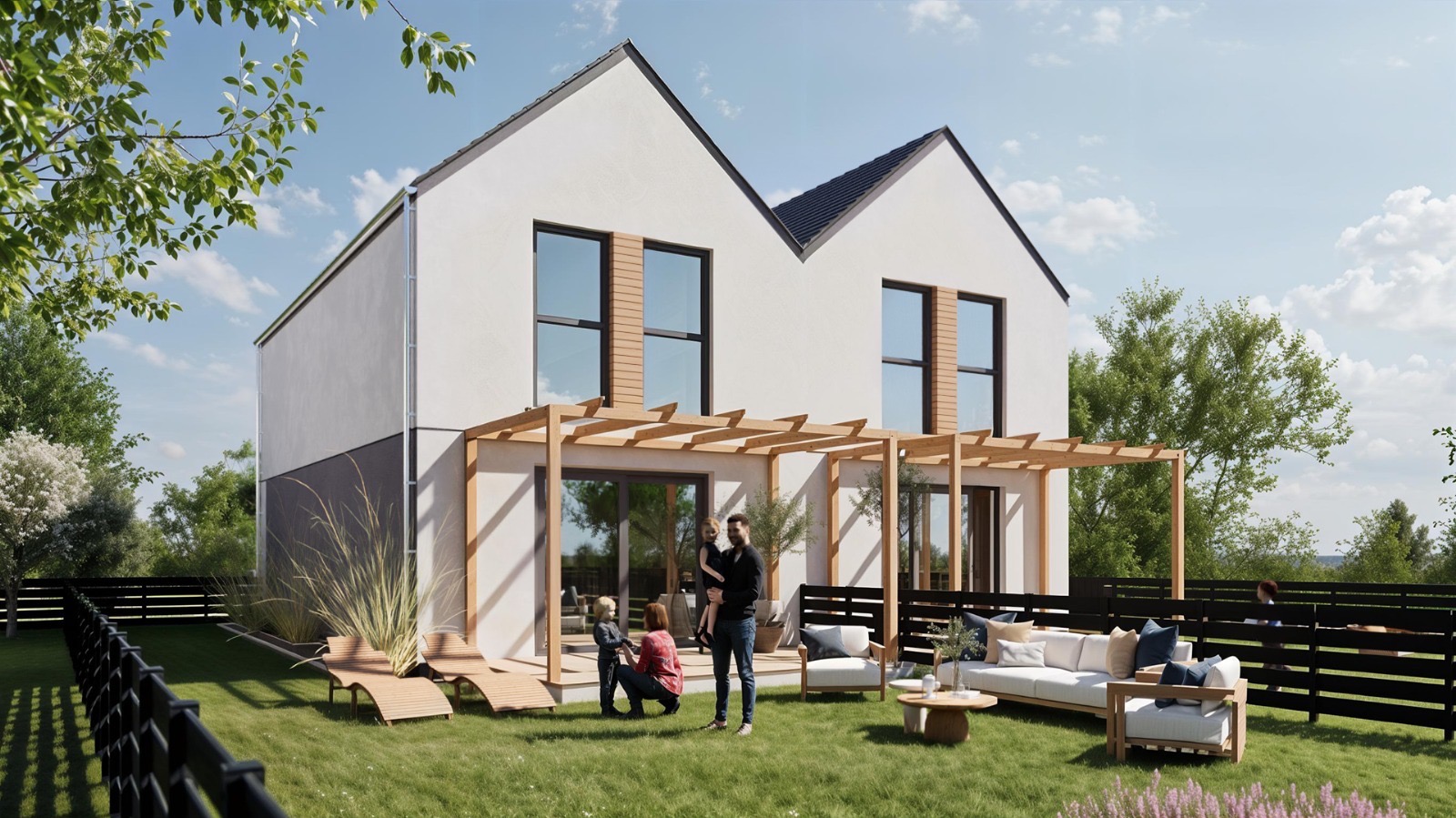 Wizualizacja domu z ogrodem i pergolą. Rodzina spędza czas na trawie, w tle nowoczesna architektura budynku z dużymi oknami i elementami drewna.