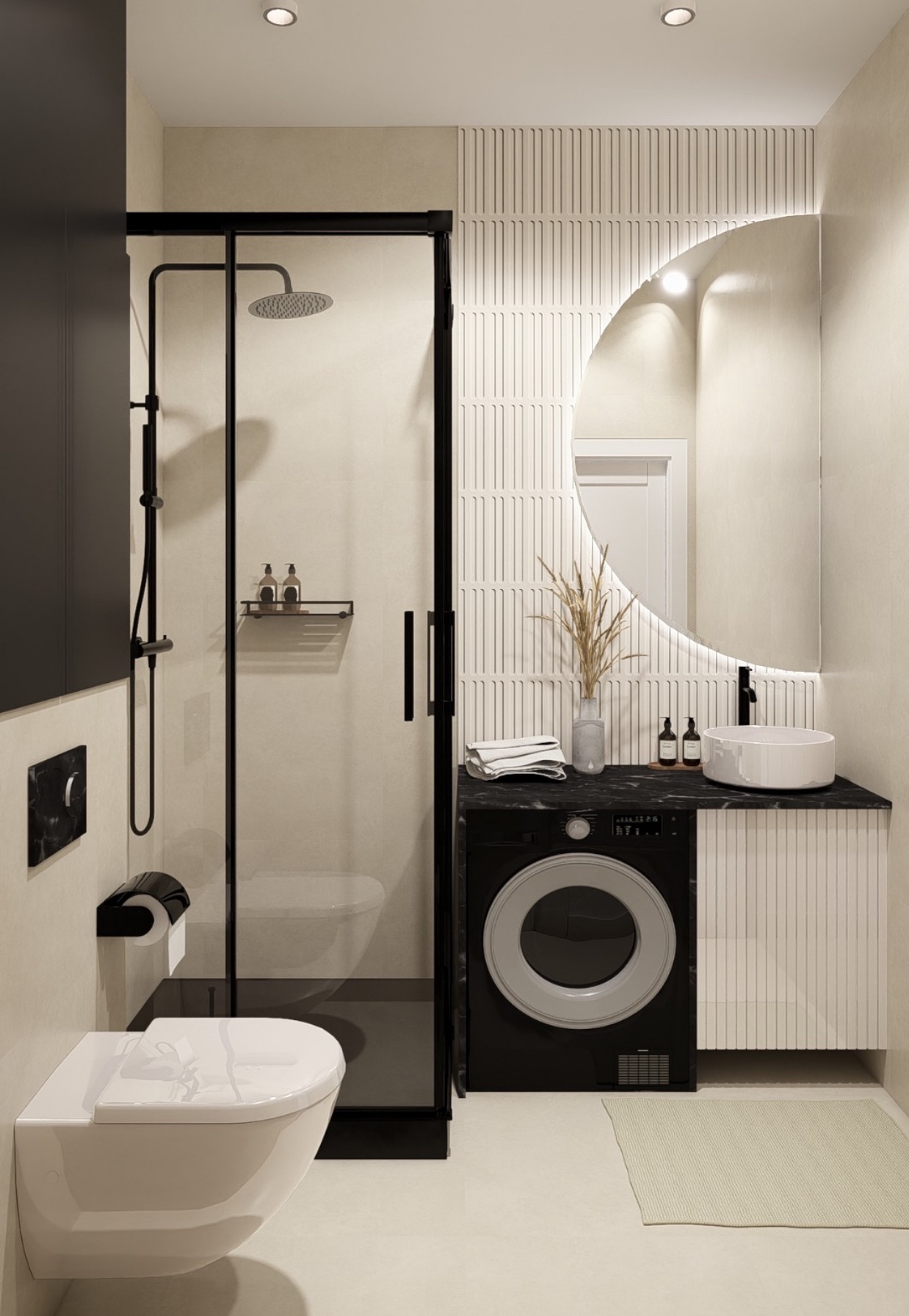 Nowoczesna łazienka z kabiną prysznicową, umywalką na blacie z pralką i okrągłym lustrem z podświetleniem. Minimalistyczny design.