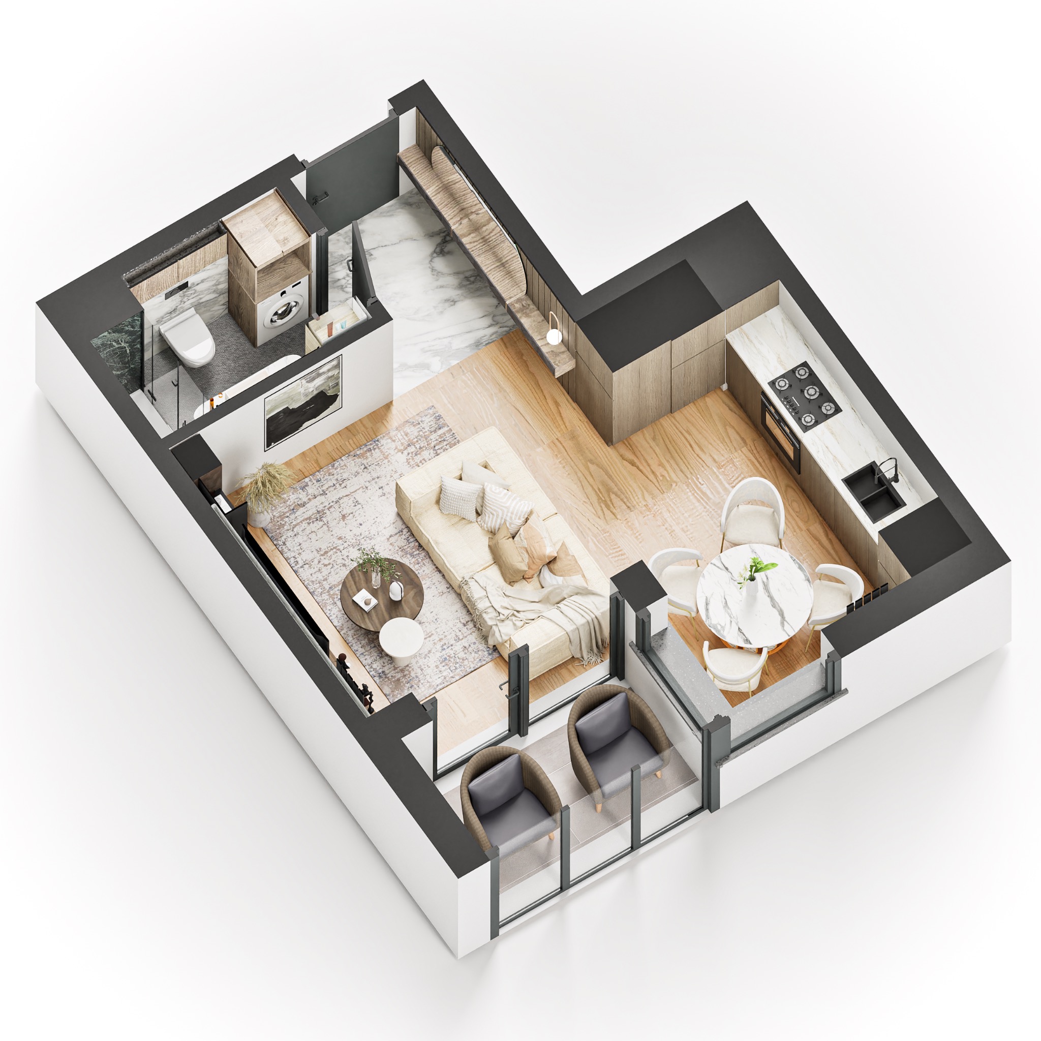 Projekt mieszkania z góry: salon z balkonem, kuchnia, łazienka. Białe ściany, drewniane podłogi, marmurowe wykończenia. Nowoczesny design, neutralna kolorystyka.