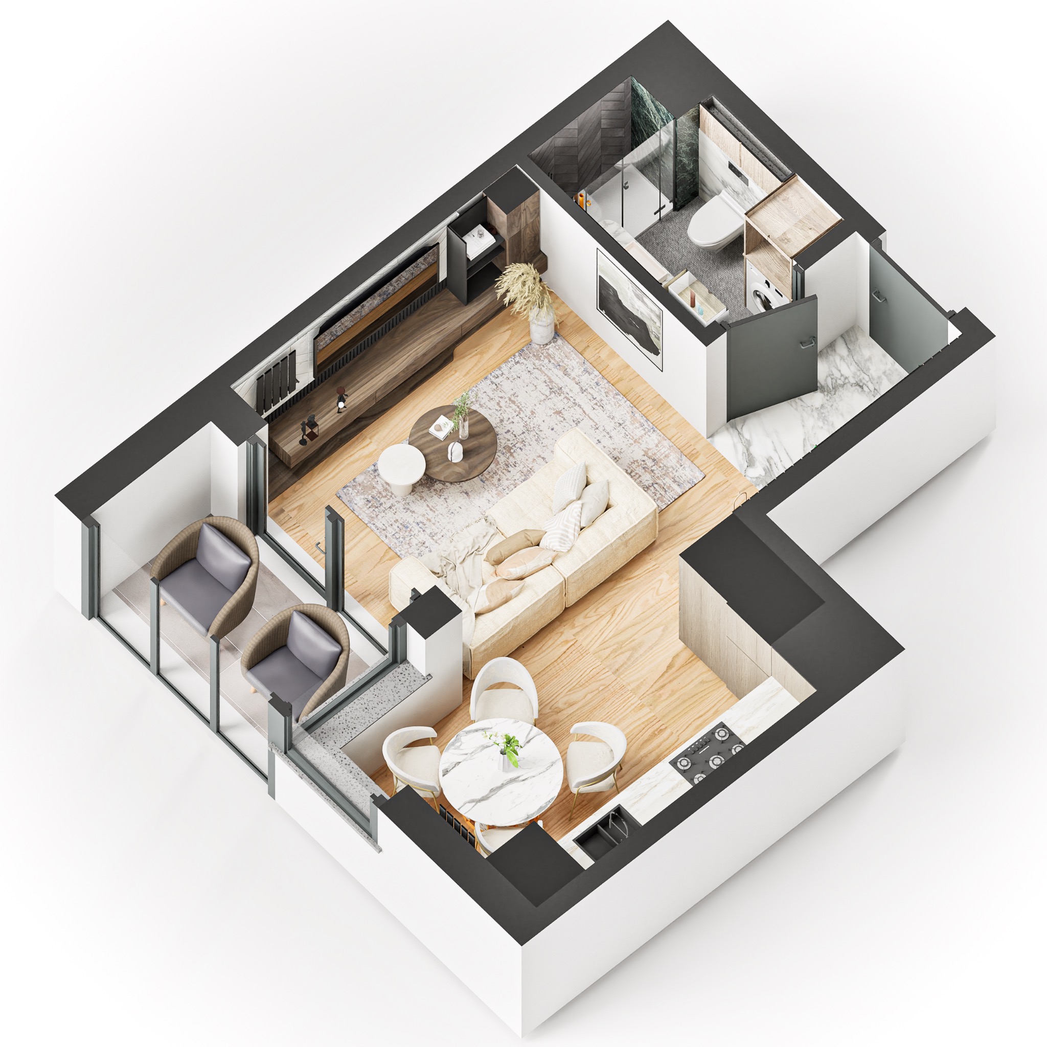 Przekrój 3D mieszkania: salon z balkonem, kuchnia, łazienka. Jasne drewno, beżowa sofa, marmurowy stół. Minimalistyczny design, widok z góry, precyzyjne detale.